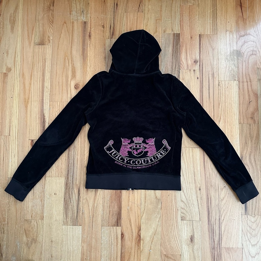 Sz M Y2K Juicy Couture Black Velour Zip Up Hoodie Sweater